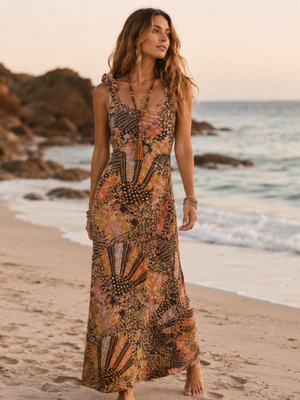 Vtg 70s OOPS calico floral peasant boho hippie ruffle sleeveless maxi dress